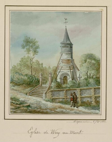 Église de Wiry au Mont. - Aquarelle d'Oswald Macqueron, d'après nature, 8 septembre 1860.