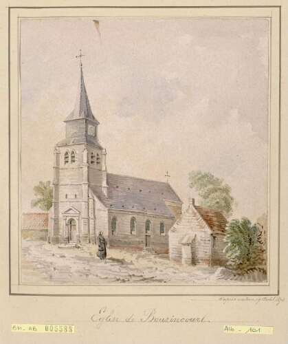 Église de Bouzincourt. - Aquarelle d'Oswald Macqueron, d'après nature, 19 août 1874.