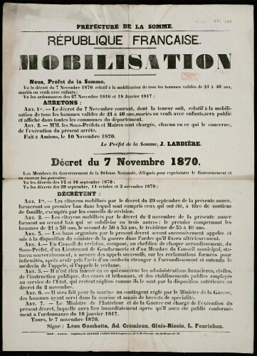 affiche 1870-1871 Préfecture de la Somme : République française : Mobilisation. Décret du 7 novembre 1870.