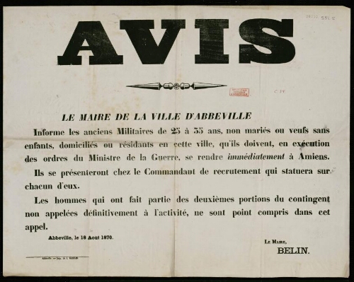 affiche 1870-1871 Avis Abbeville : recrutement.