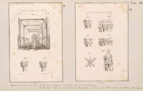 Eglise de Namps-au-Val : A) Tome V, pl. III, fig. 1, intérieur de l'église ; fig. 2 et 3, chapiteaux. B) Tome V, pl. IV, fig. 1, clef de voûte ; fig. 2, 3, 4 et 5, chapiteaux de colonnes ; fig. 6, statues en pierre de Saint-Adrien, XVIe siècle. - Société des Antiquaires de Picardie. - L. Duthoit, fec. - Lith. Duval et Herment, Amiens. - Nota : Namps-au-Val est une ancienne commune française de la Somme qui fusionna administrativement avec 3 autres : Namps-au-Mont, Taisnil et Rumaisnil pour constituer Namps-Maisnil le 28 décembre 1972.