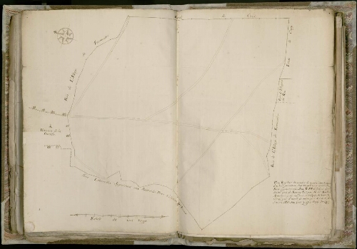 Plan régulier du nombre de quatre cent soixante dix huit journeaux journaux sept verges trois quart de bois appartenant aux R. P. P. Célestins d’Amiens scitué situé près de Bernay. Fait par Michel Baillieu, arpenteur juré réSidant au village de Vron le 5ème jour d’aoust août et autre jour suivant de l’annéEMil six cent quatre vingt treize + 3 p. de texte dont un verso collées sur le côté. Bois de l'Abbaye de foremontier Forest-Montiers.