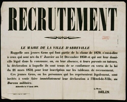 affiche 1870-1871 Recrutement Abbeville, rappel du maire d’Abbeville concernant l’inscription sur les tableaux de recensement.