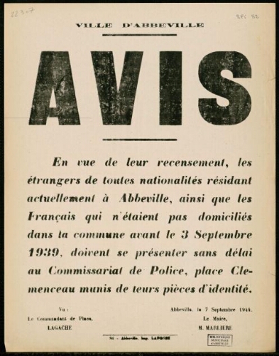 Affiche 1939-1945 : Ville d’Abbeville : Avis. Recensement. 7 septembre 1944.