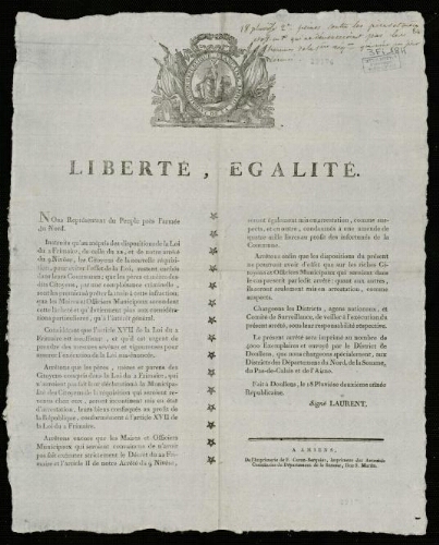 affiche révolutionnaire Liberté,Egalité. Nous représentant du peuple près l’armée du Nord ….