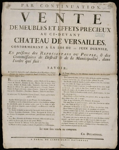 Affiche révolutionnaire. Vente des meubles et effets précieux au ci-devant Château de Versailles conformément à la loi du 10 Juin dernier.