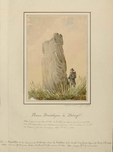 Pierre druidique de Doingt Menhir. - Aquarelle d'Oswald Macqueron, d'après nature, 17 juin 1874.