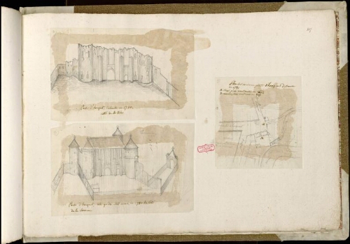 A) Porte d’Hocquet détruite en 1780, côté de la ville B) Porte d’Hocquet telle qu’elle était encore en 1780, du côté de la Somme C) Plan de l’ancienne porte d’Hocquet détruite en 1780