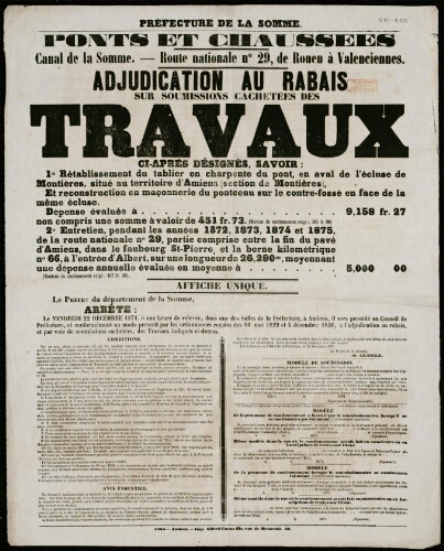 Affiche 1870-1871. Préfecture de la Somme.Ponts et Chaussées. Adjudication au rabais sur soumissions cachetées des travaux ci-après désignés...