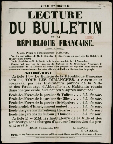 affiche 1870-1871 Ville d’Abbeville : Lecture du bulletin de la République française