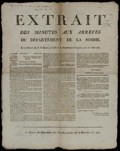 Affiche révolutionnaire. Extrait des Minutes aux Arrêtés du Département de la Somme, en sa séance du 8 Germinal, an VII de la République …