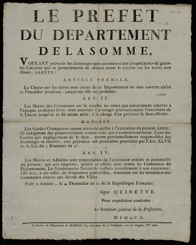 affiche 1800-1865 Le Préfet du département de la Somme … Arrêté concernant la chasse