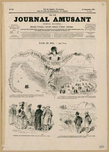 Bains de Mer, par Stop : Cayeux, le Bourg d'Ault, Le Tréport, Arromanches. Extrait du "Journal amusant", numéro 941, 12 septembre 1874 (p. 1. Cf  1Fi26/4B et C)