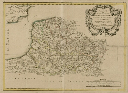 Carte des gouvernements de Flandre françoise, d'Artois, de Picardie et du Boulenois. Assujettie au ciel et projettée par Mr Bonne, Maître de Mathématique.