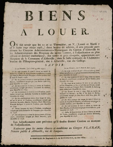 affiche révolutionnaire Biens à louer. Adjudication de terres et prés appartenant aux Hospices d’Abbeville, 20-21 Thermidor an V.