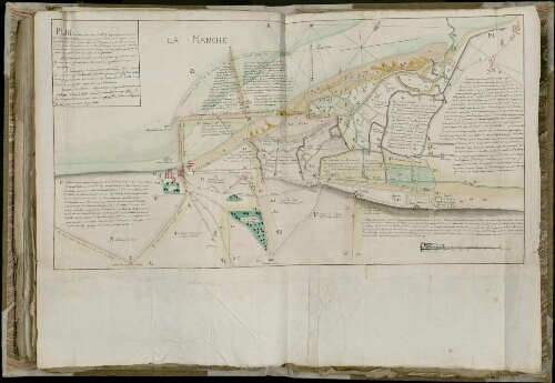 "Plan des lieux levés entre Ault et Cayeux par arrêt de la cour du 20 février 1755, produit par le sieur Vaudricourt et joint à sa requeste signifié le 2 aoust 1759 au sieur Crignon procédant sous le nom de son Altesse serenissime M. le duc d’Orléans, dans laquelle sont des démonstrations qui font voir que le bornage des deux paysans ne peut être entériné sans violer touttes les règles de géométrie…"