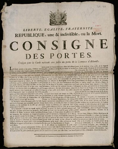 Affiche révolutionnaire Consigne des portes. Consigne pour la Garde nationale aux postes des portes de la commune d’Abbeville.