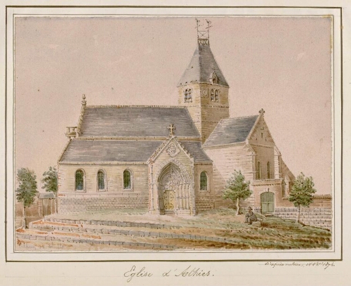 Église d'Athies. - Aquarelle d'Oswald Macqueron, d'après nature, 18 octobre 1876.