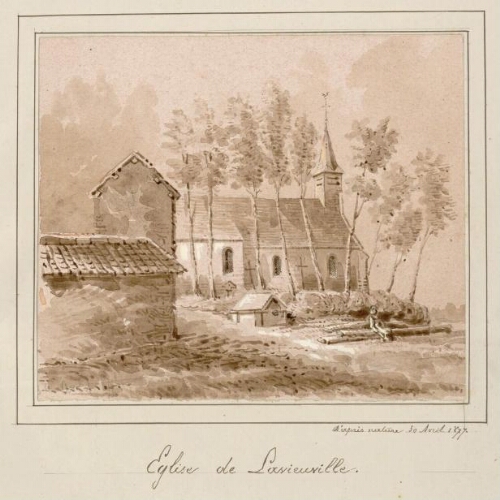 Église de Lavieuville (Laviéville). - Aquarelle d'Oswald Macqueron, d'après nature, 30 avril 1877.