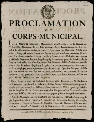 affiche révolutionnaire Proclamation du Corps-municipal.