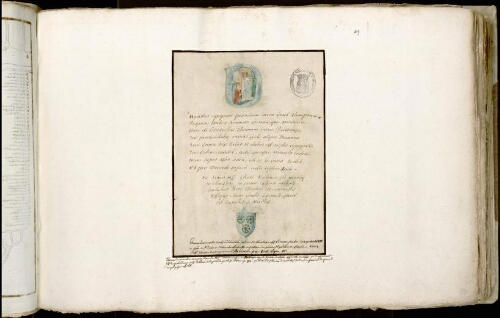 Copie d’une page de l’Office de la Vierge composée par Thomas de Courcelles, approuvé par le Concile de Basle en 1441. Lettre historiée