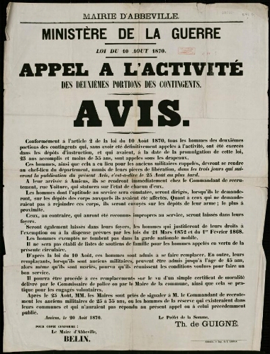 Affiche 1870-1871. Mairie d'Abbeville. Ministère de la Guerre. Loi du 10 août 1870. Appel à l'activité des deuxièmes portions des contingents. Avis.