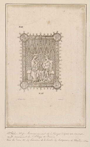 XIIIe siècle. N°57, Couronnement de la Vierge d'après un missel in folio provenant de l'abbaye de Corbie. Tiré du Tome III des mémoires de la société des antiquaires de Picardie, 1840. Lith. Delaporte. L. Duthoit del.