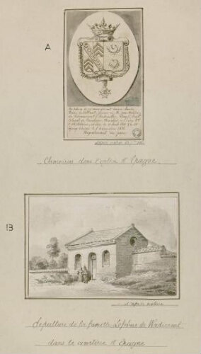 A) Armoiries dans l'église d'Épagne. Nota : "En dehors de ce mur gisent dame Aimée Reine de Velleat, épouse de M. Jean Antoine de Ribeaucourt d'Ambreville, écuyer, lieutenant colonel de cavalerie, chevalier de l'Ordre royal et militaire, décédée le 10 avril 1820 et le dit époux décédé le 5 décembre 1838. "Requiescant in pace". - Dessin d'Oswald Macqueron, d'après nature 13 septembre 1862. B) Sépulture de la famille Lefebvre de Wadicourt dans le cimetière d'Épagne.