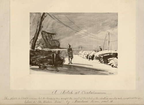 A sketch at Contalmaison : "The place is Contalmaison but the drawing has caught the spirit of the whole of the schattered country asile ? recaptured this year". Extrait de "The western front" by Muirhead Bone.