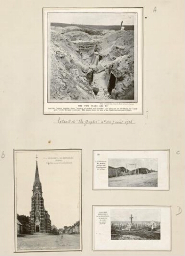 A) "The two years are up" : ... This picture shows the state of the boche burrows near Ovillers. - Extrait de "The Graphic", 5 août 1916. B) Ovillers-La Boisselle : l'église avant le bombardement. - Carte postale G. Lelong, à Albert. C) La Boisselle : un écriteau indique seul l'emplacement du village. D) Cimetière britannique de La Boisselle : à droite de la route, en venant d'Albert.