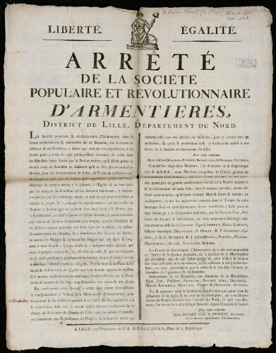 affiche révolutionnaire Arrêté de la Société Populaire et Révolutionnaire d'Armentières, district de Lille, Département du Nord.