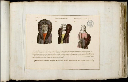 Explication des cérémonies de l’église, par Dom Claude de Ver, seconde édition. T. II, p. 262,263, 264) Trois dessins représentant les différentes façons dont les femmes portent la mante ou cape dans "quelques lieux voisins de la mer océane, comme Abbeville, St Valery sur Somme, le Bourg d'Augt..."