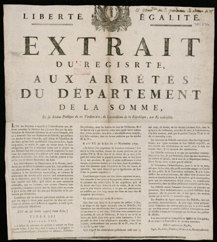 affiche révolutionnaire Extrait du Registre aux Arrêtés du Département de la Somme. En sa séance publique du 11 Vendémiaire, de l’an troisième de la République ….