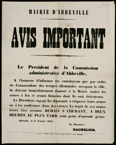 Affiche 1870-1871. Mairie d’Abbeville : Avis important. Dépôt des armes en Mairie, 8 février 1871.