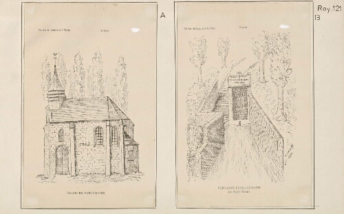 A) Église de Saint-Mard. A. Ledieu. Extrait du "Cabinet historique de l'Artois et de la Picardie". B) Fontaine ferrugineuse de Saint-Mard. A. Ledieu, 1872. Extrait du "Cabinet historique de l'Artois et de la Picardie".