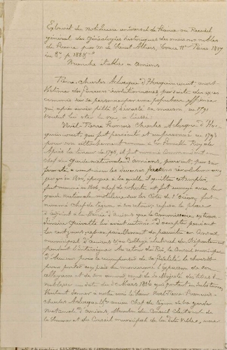 Notice biographique manuscrite concernant la famille Aclocque d'Hocquincourt. - Extr. du "Nobiliaire universel de France ou Recueil général des Généalogies historiques des maisons nobles de France" par M. de Saint-Allars, Tome 11e Paris, 1817.