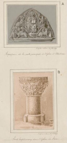 A) Tympan de la porte principale de l'église d'Etinehem. - Aquarelle d'Oswald Macqueron, d'après nature, 24 septembre 1877. - Nota : depuis le 1er janvier 2017, le regroupement des communes d’Etinehem et de Méricourt-sur-Somme a donné naissance à la commune nouvelle d'Étinehem-Méricourt. B) Fonts baptismaux de l'église de Frise. - Aquarelle d'Oswald Macqueron, d'après nature, 26 septembre 1877.