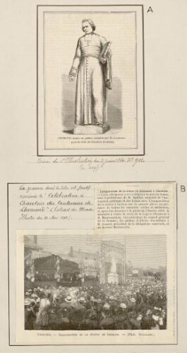 A) Lhomond, statue en pierre sculptée par M. Lequesne pour la ville de Chaulnes (Somme). - Tiré de "L"Illustration", 2 juin 1860, n°901. B) Célébration à Chaulnes du centenaire de Lhomond. - Extrait du "Monde illustré", 26 mai 1894.