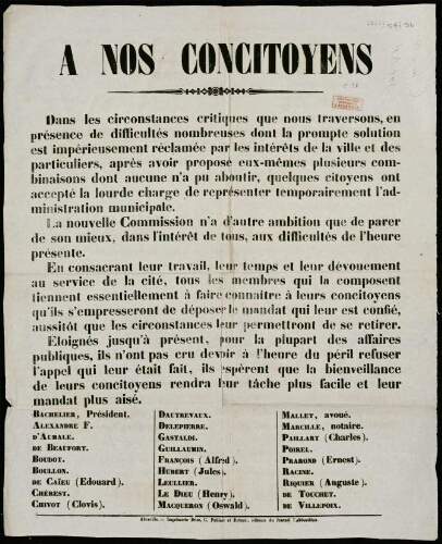 affiche 1870-1871 A nos Concitoyens. Administration municipale : Commission, nouveau mandat