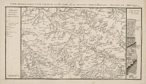 Carte minéralogique d'une partie de la Picardie où se trouvent Amiens, Picquigny, Ayraines, et Abbeville ; Coupe générale des côtes crayeuses de la Picardie.