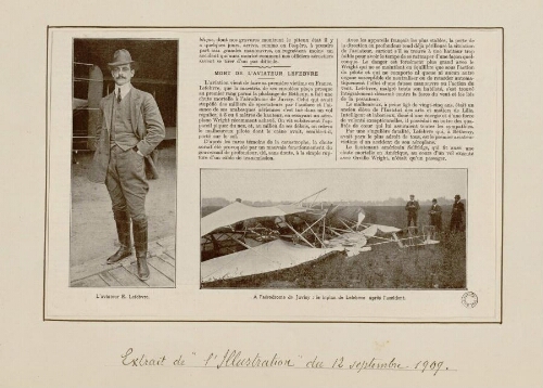 L'Aviateur E. Lefebvre. - Mort de l'aviateur Lefebvre - À l'aérodrome de Juvisy : le biplan de Lefebvre après l'accident. Extr. de "L'Illustration" du 12 septembre 1909.