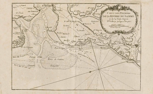 Carte des entrées de la rivière de Somme et de la coste depuis St Vallery jusqu'à Treport. Echelle de mille toises.