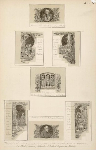 Basilique d'Albert : A) M. l'Abbé Dumont, décédé Doyen d'Albert B) Aveugle guéri par ND de Brebières C) Paralytique guéri par ND de Brebières E) Représentations de la Foi, l'Espérance et la Charité F) Ste Colette, future réformatrice des trois ordres de St François aux pieds de ND de Brebières G) Monseigneur de la Motte, Évêque d'Amiens H) Jacques d'Humières, Maréchal d'Ancre, aux pieds de ND de Brebières Pièces tirées d'une brochure intitulée "Notice sur ND de Brebières", C. Paillart éditeur à Abbeville.