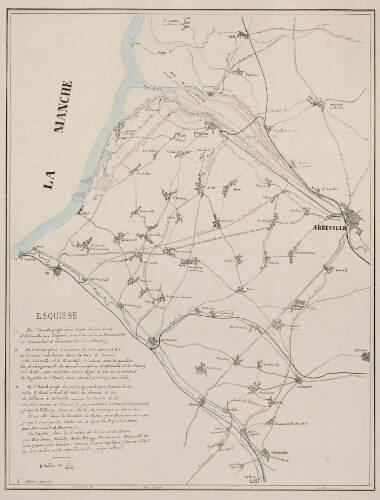 Esquisse : 1) de l'avant-projet d'un tracé de voie ferrée d'Abbeville au Tréport,... 2) de l'avant-projet d'un plan de trois séries (A, B, C) de travaux maritimes dans la Baie de Somme entre Abbeville et Le Hourdel,... 3) de l'avant-projet du prolongement, vers Oisemont etc. (selon le tracé officiel de 1866), du chemin de fer de Béthune à Abbeville,... Echelle de 1/80.000. - Inv. : Pierre Ch. D. - Delin. J. Lesobre. - Lith. J. Bove à Beauvais.