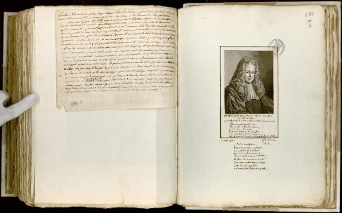 A) NoticEManuscrite relative au portrait de Philippe Hecquet réalisé par Madame Le Belle que l’on voit en regard. B) Portrait Philip. Hecquet, ancien doyen de la Faculté de Méde cine de Paris. Né à Abbeville le 11 février 1661, mort à Paris le 11 avril 1737. D’après Le Belle pinx., J. Daullé sculp.. Signé : A.D.