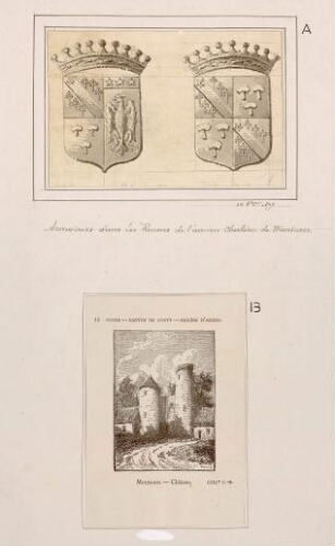 A) Armoiries dans les ruines de l'ancien château de Monsures. - Aquarelle d’Oswald Macqueron, 10 octobre 1877. B) Montsures. Château. - Coll. P.-D.