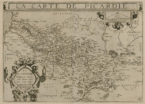 Carte de la Picardie. Picardiae, Belgicae regionis de scriptio, Joanne Surhonio, auctore.