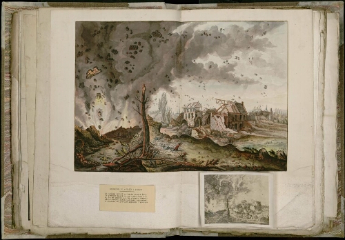 Explosion du magasin à poudre. Notice collée à l’occasion de l’exposition consacrée au peintre Adrien Choquet, au musée du Ponthieu en 1937 (d’après la mention au crayon au dos) : « Ce dessin teinté au lavis paraît être le premier essai du peintre : c’est d’après ce dessin que le graveur abbevillois Macret après quelques retouches a exécuté la gravure exposée ci-contre » (photo de la gravure collée à côté de la notice).