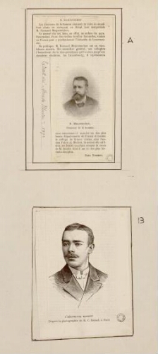 A) M. Maquennehen, Sénateur de la Somme. Portrait accompagné d'un article de Noël Nozeroy. Extr. du "Monde illustré", 1893. B) L'aéronaute Mangot. D'après la photographie de M. C. Bannel, à Paris.