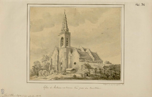 Église de Fontaine-sur-Somme : vue prise du cimetière. - Calque d'Oswald Macqueron, 1864, d'après une esquisse de Gillard, 1864 (voir l'Album L.Gillard non retouché, N°81).